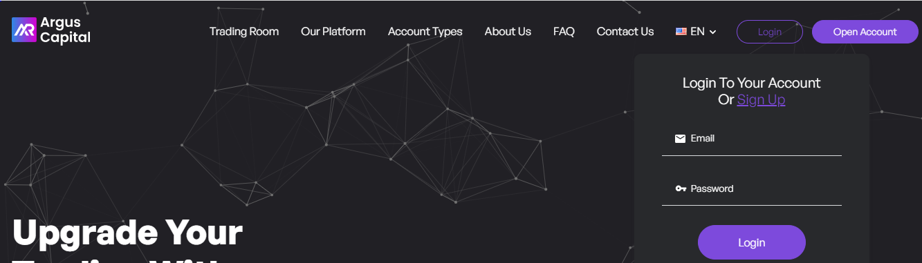 An image shows the Argus Capital broker log in page