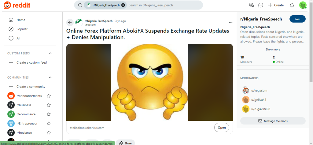 A screenshot image showing a post on Reddit about Aboki FX suspending rates updates and denying involvement in manipulation practices.