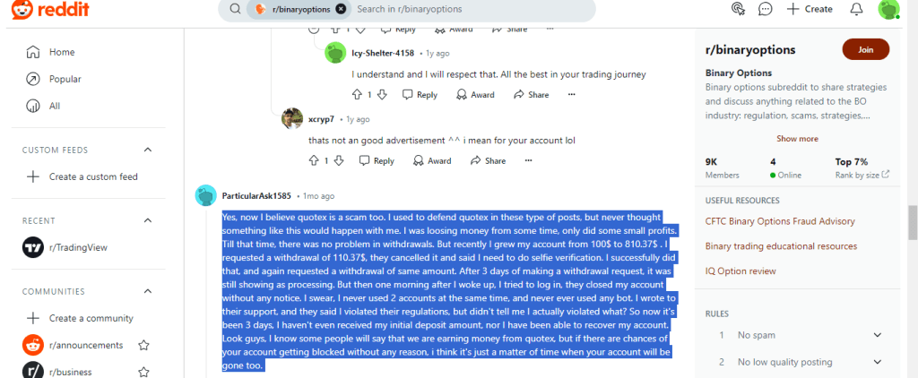 A screenshot of a negative review of the Quotex trading platform on Reddit.