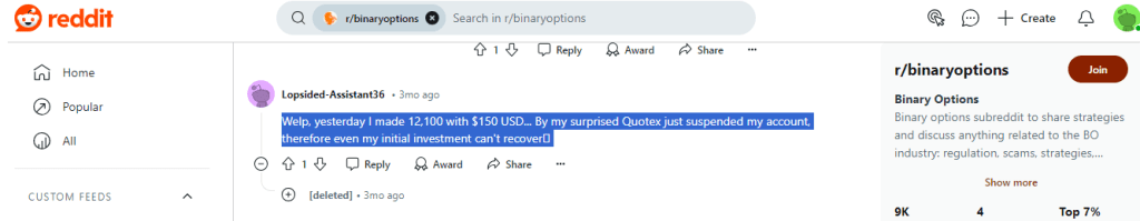 A screenshot of a negative review of the Quotex trading platform on Reddit.