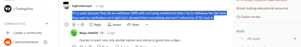 A screenshot of a negative review of the Quotex trading platform on Reddit.