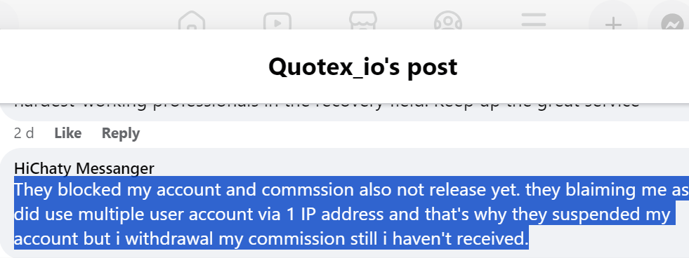 A screenshot of a negative review of the Quotex trading platform on Facebook.