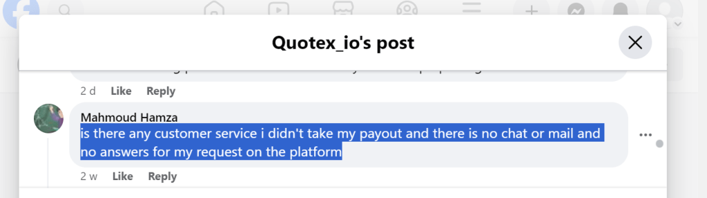 A screenshot of a negative review of the Quotex trading platform on Facebook.