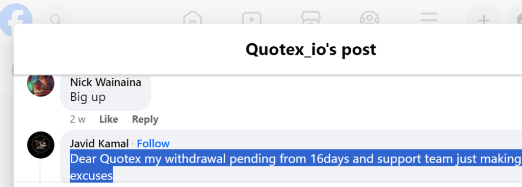 A screenshot of a negative review of the Quotex trading platform on Facebook.