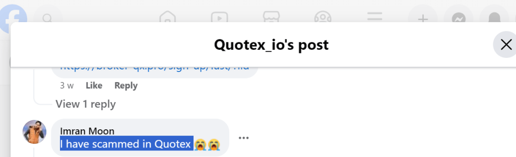 A screenshot of a negative review of the Quotex trading platform on Facebook.
