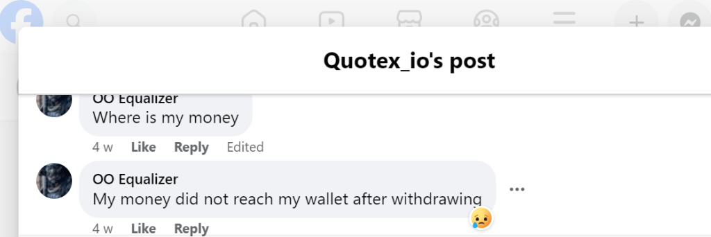 A screenshot of a negative review of the Quotex trading platform on Facebook.