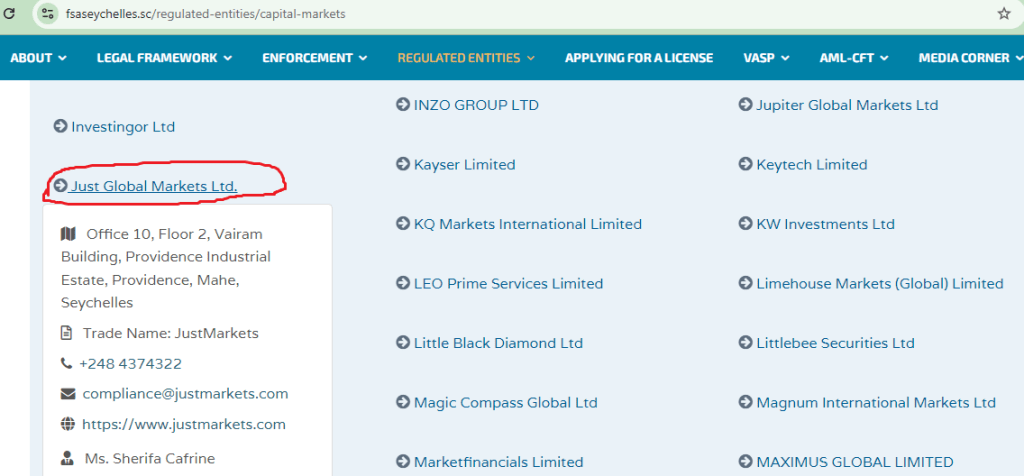 evidence showing that the JustMarkets trading platform is recognized and regulated by the Financial Services Authority of Seychelles.