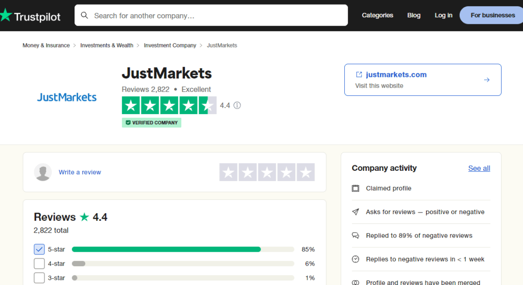 Positive reviews of the JustMarkets broker on Trustpilot.