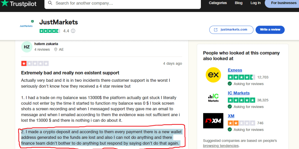 Negative review of JustMarkets on Trustpilot.