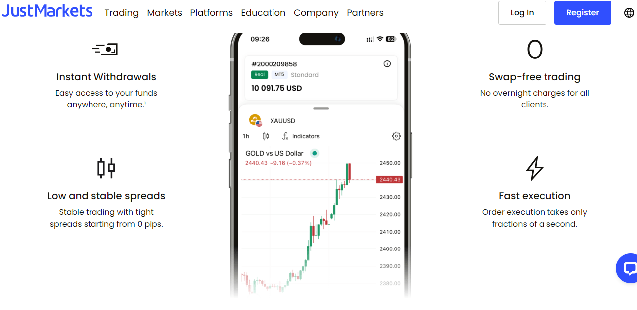 An image showing the JustMarkets forex broker landing page.