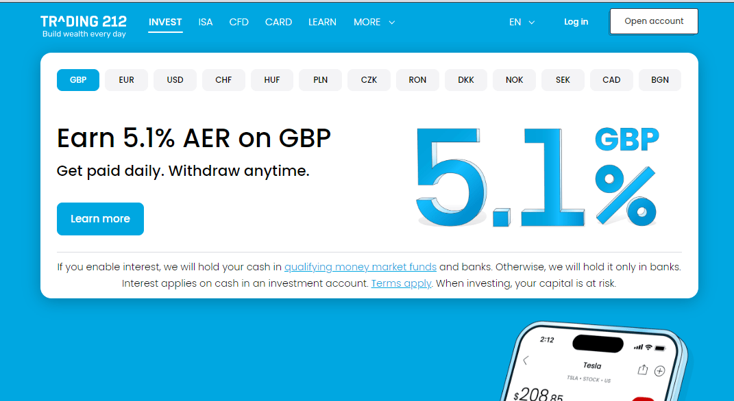 An image of the Trading 212 app and also trading platform