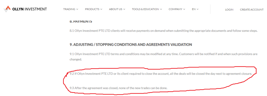 A screenshot showing Ollyn Investment PTE LTD’s T&C page, which is riddled with grammatical errors.