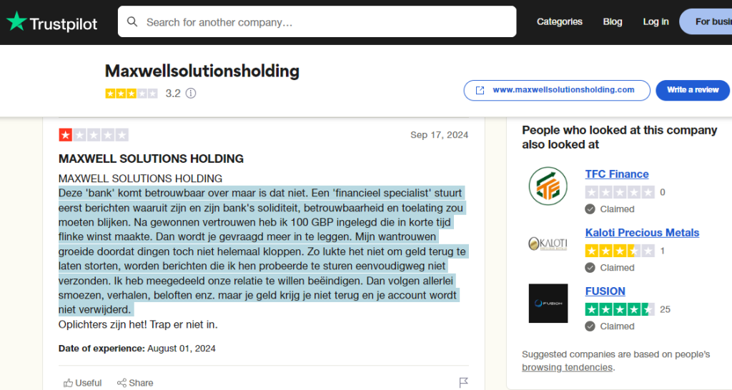 A Maxwell Solutions Holding PTE LTD Trustpilot review