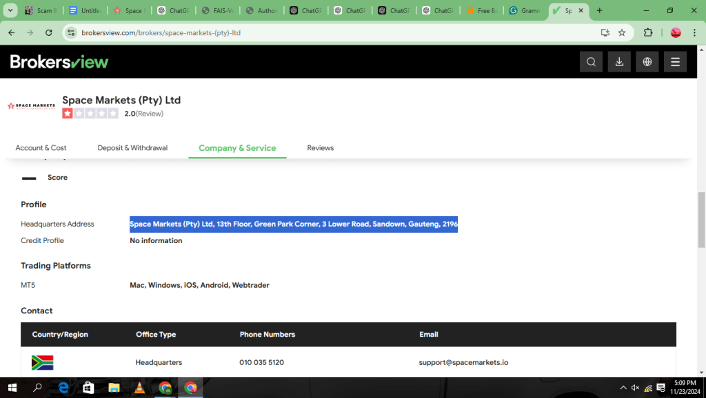 BrokersView still shows the original physical address listed on the Space Markets PTY LTD website before it was changed