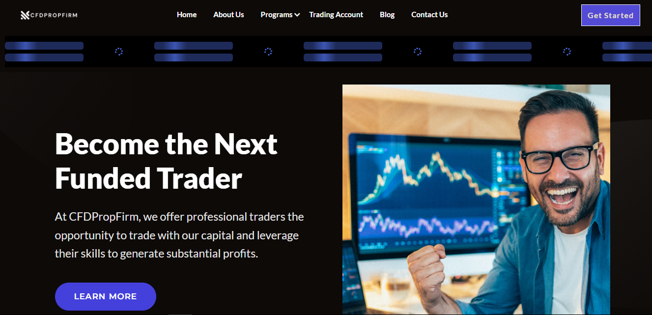 The landing page of the dubious cfdpropfirm.com.