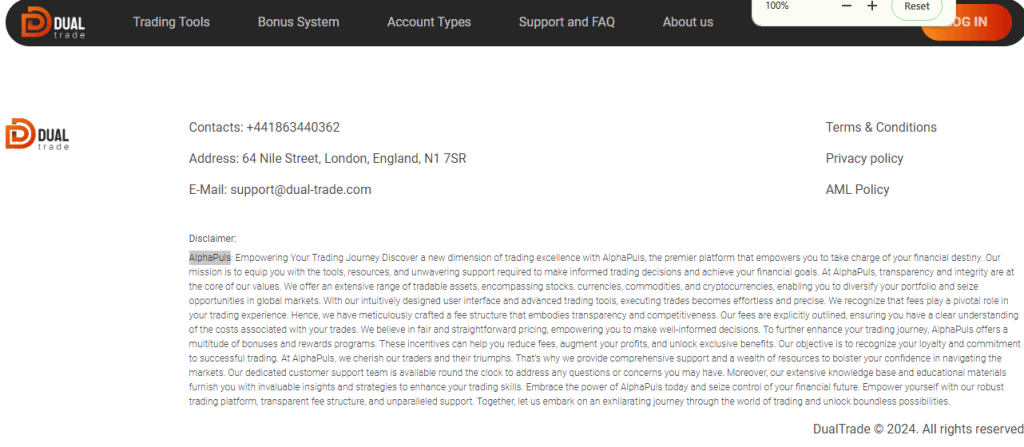 An image showing a particular deceptive tactic used in the disclaimer section of the Dual Trade website.