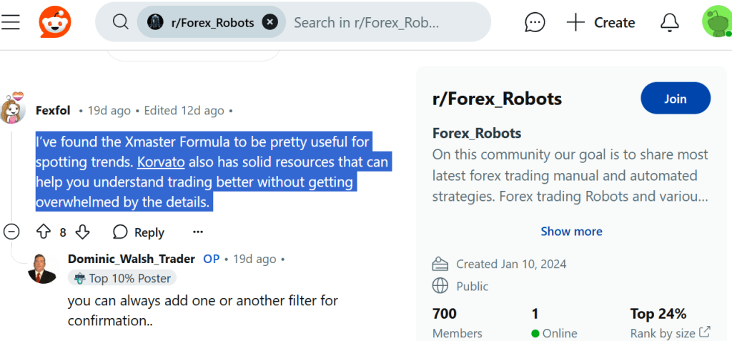 A Reddit user by the name "Fexfol" praising the Xmaster Formula mt4 indicator 2023.