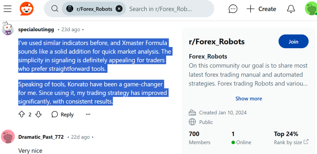 A Reddit user by the name "Specialoutingg" praising the Xmaster Formula mt4 indicator 2023.