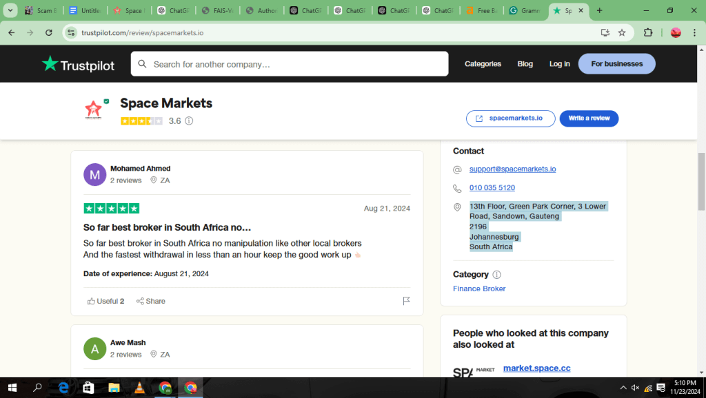 Trustpilot still shows the original physical address listed on the Space Markets PTY LTD website before it was changed