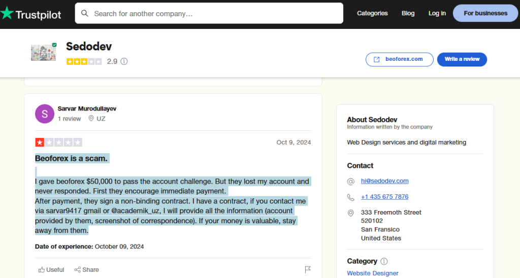 beoforex.com review on Trustpilot indicates that this entity steals investors funds and disappears their accounts.
