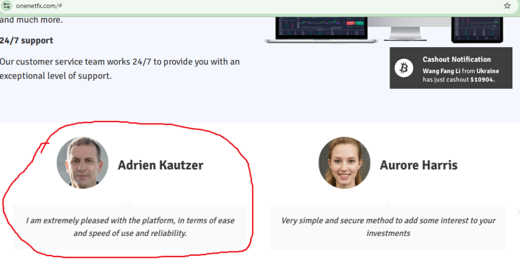 Evidence that Digital Finance shows fabricated client testimonials.