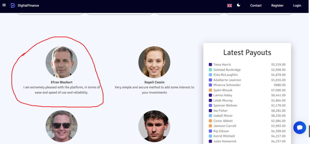 Digital Finance shows fabricated customer testimonials.