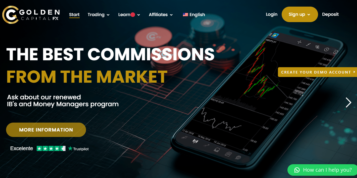 The landing page of the scam Golden Capital FX trading platform.