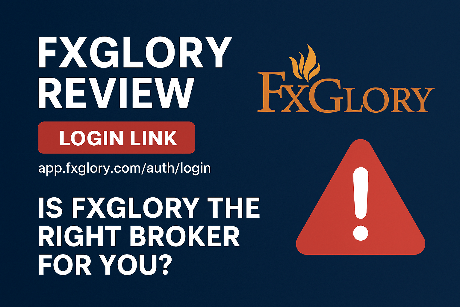 FXGlory review graphic with login link, broker logo, warning icon, and question about broker trustworthiness.