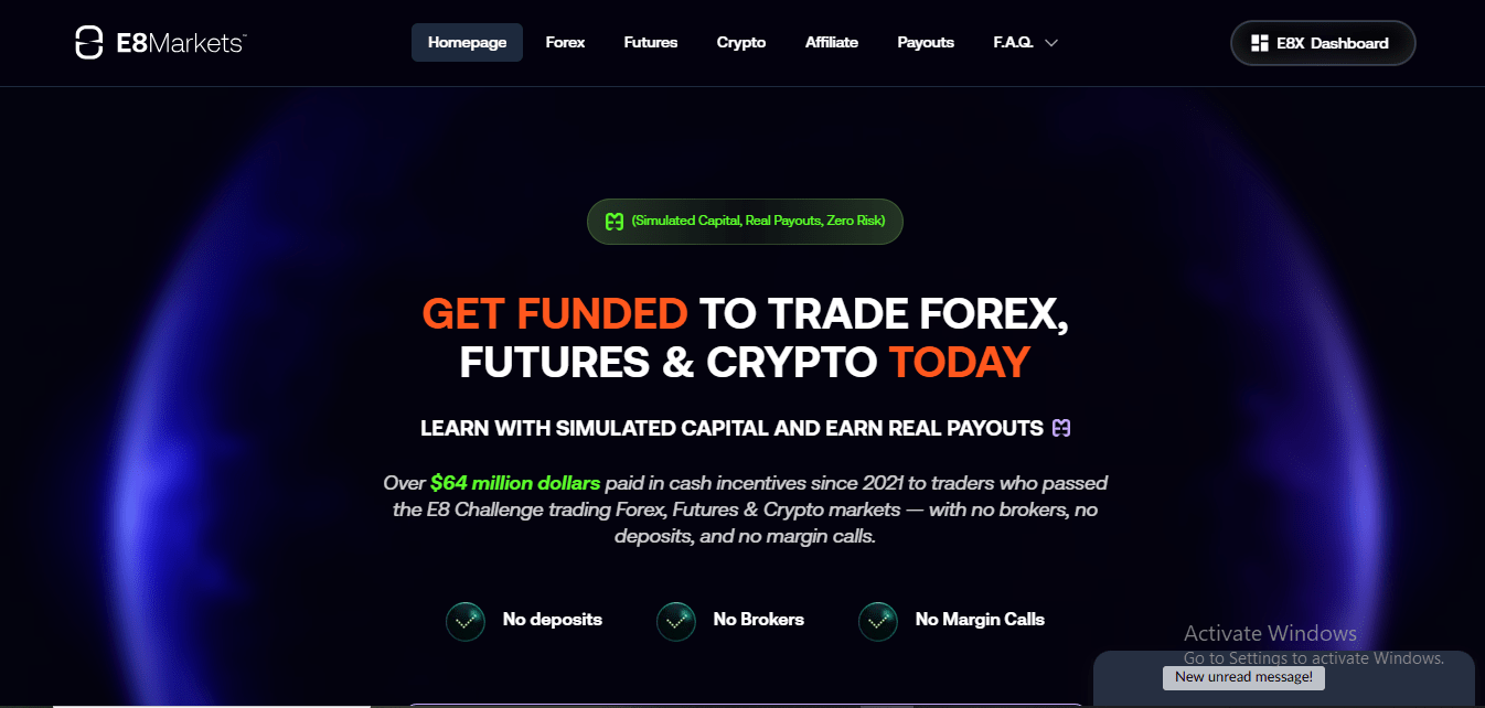 Screenshot of E8 Markets homepage featuring the E8X trading dashboard and prop firm challenge details.