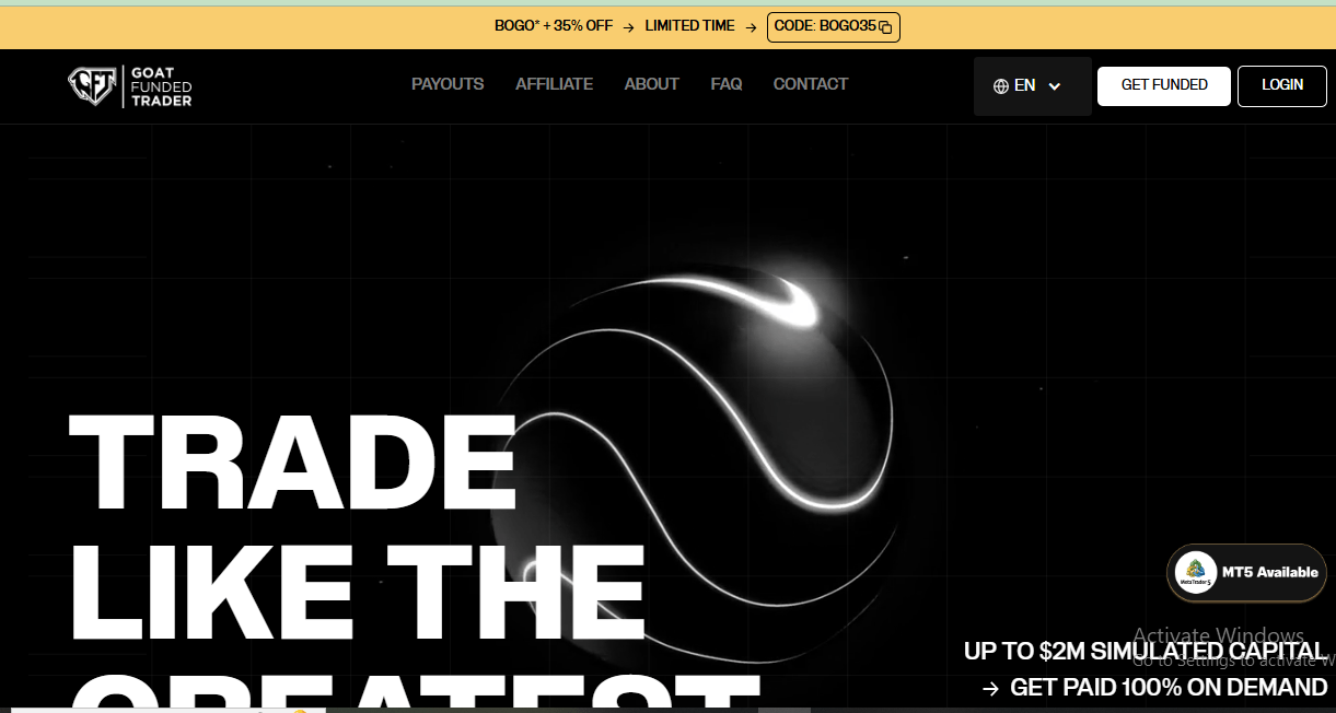 Goat Funded Trader homepage screenshot showing platform interface overview.
