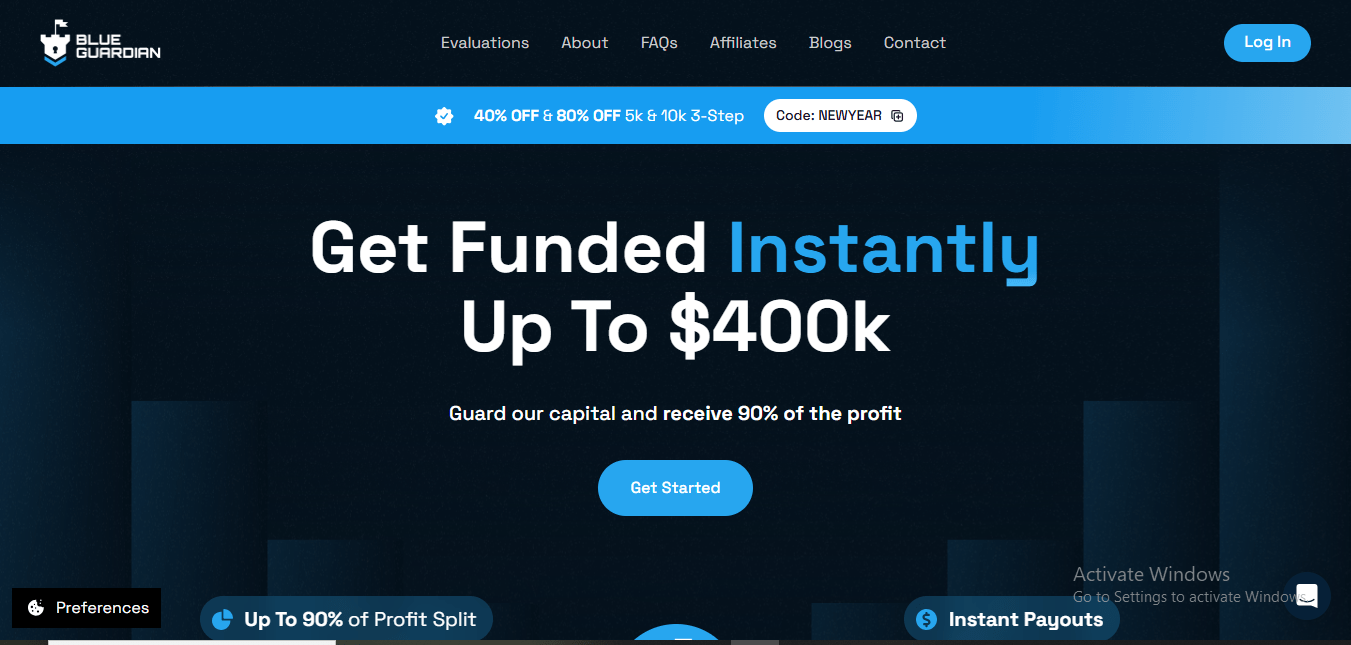 A screenshot of the Blue Guardian prop firm website interface.