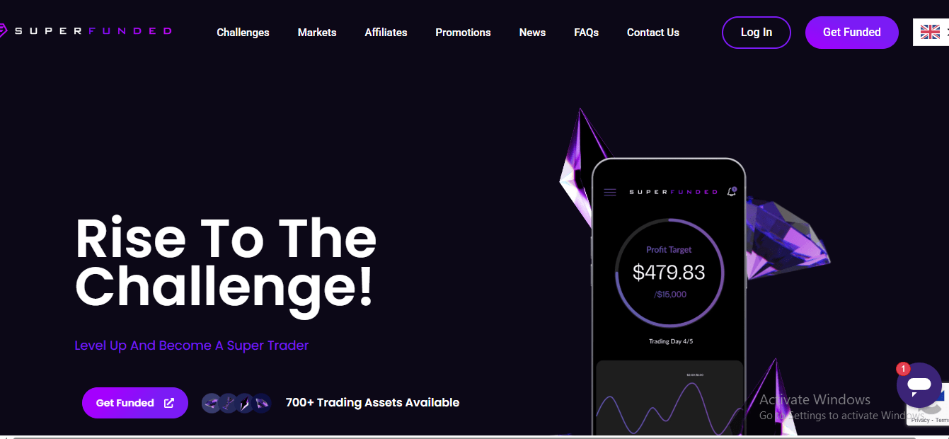 Screenshot of the SuperFunded prop firm homepage