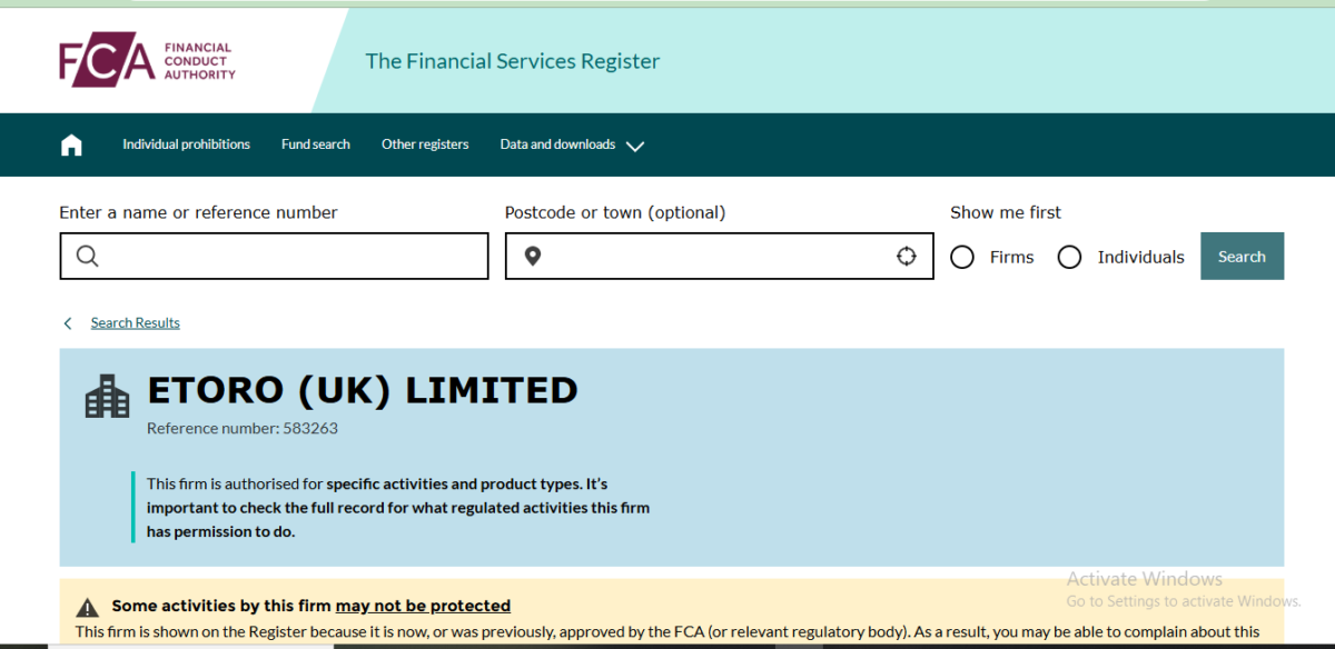 Forensic proof debunking eToro scam claims: A screenshot of the FCA Financial Services Register showing eToro (UK) Ltd as an authorized firm with license number 583263.
