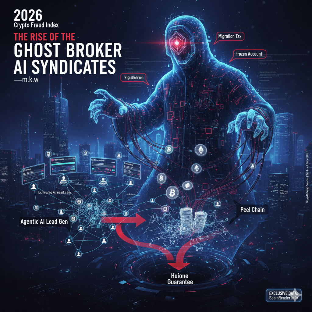 Infographic mapping the 2026 Ghost Broker AI syndicate lifecycle from Agentic AI lead generation to Huione Guarantee laundering.