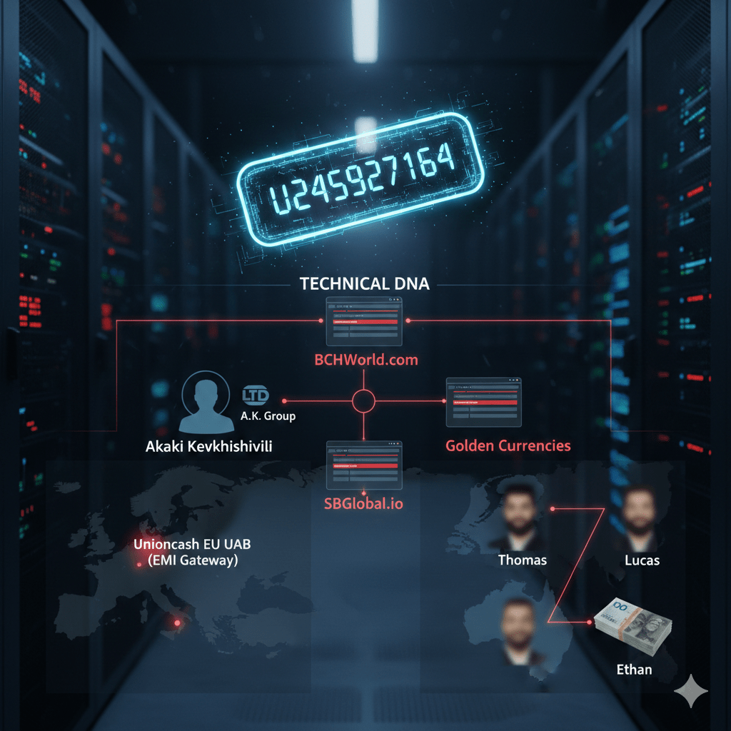 Forensic map of the LTD A.K. Group scam linking infrastructure and internal ID U245927164.