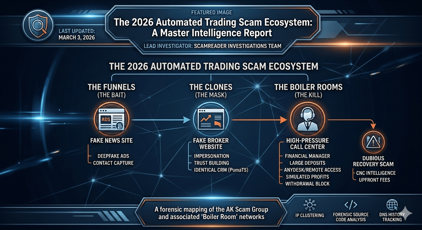 Comprehensive technical mapping of the AK Scam Group Infrastructure, illustrating the connection between lead funnels, clone broker sites, and offshore boiler rooms.