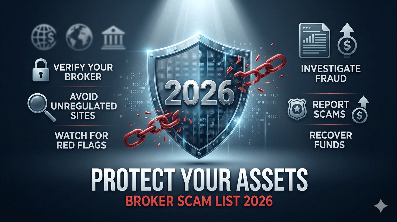 Infographic for Broker Scam List 2026 showing a shield and steps for fraud investigation and asset recovery.