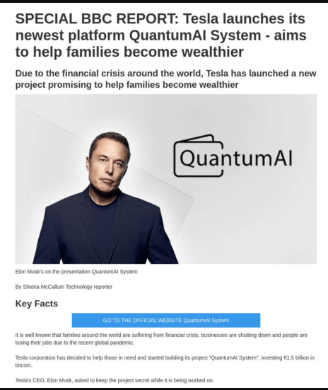 Sapphire Network scam screenshot of a fake BBC news report promoting QuantumAI with Elon Musk.