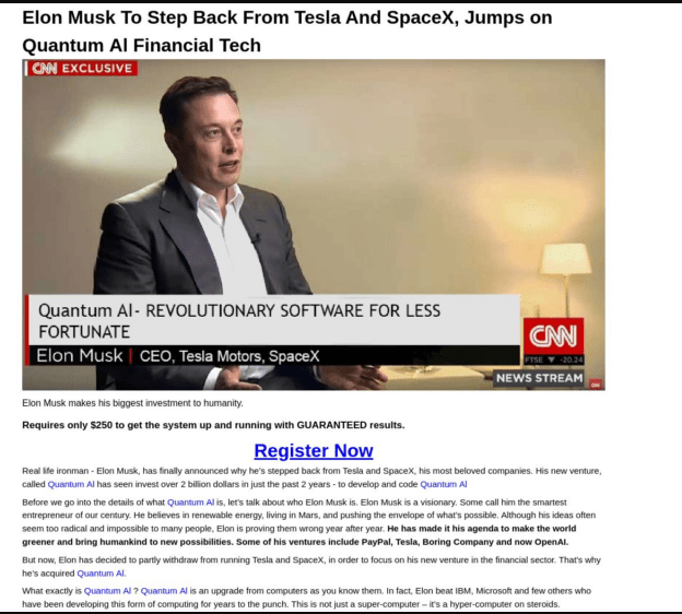 Sapphire Network scam fraudulent advertisement featuring unauthorized celebrity likeness of Elon Musk