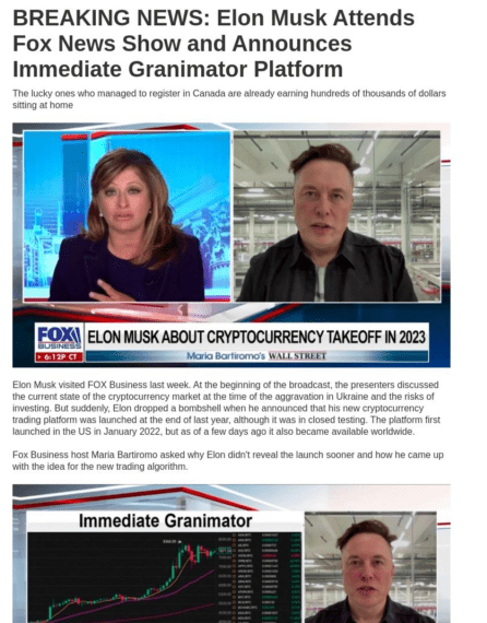 Sapphire Network scam screenshot featuring a fake Fox News broadcast about Immediate Granimator with Elon Musk