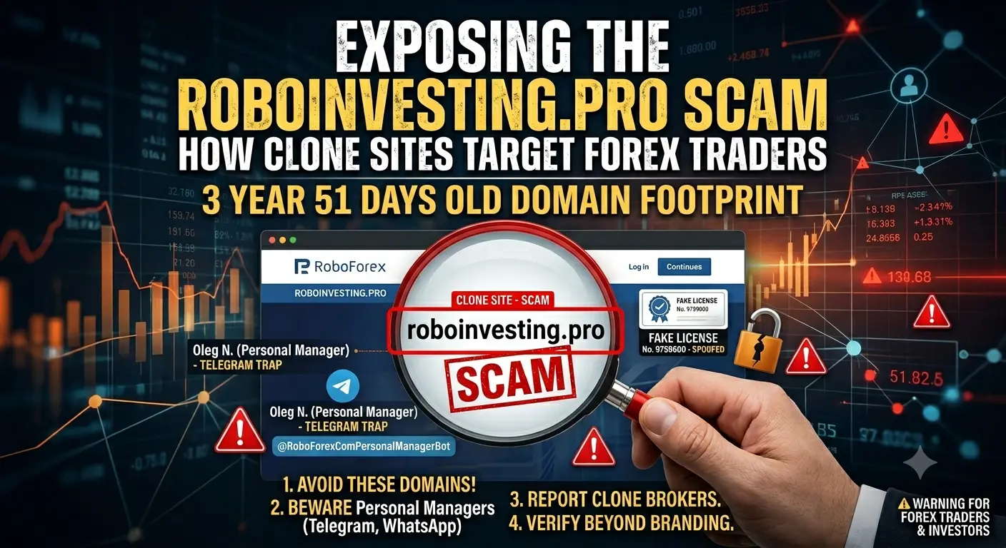 Forensic infographic exposing the roboinvesting.pro scam clone network, fake licenses, and Telegram traps targeting Forex traders.