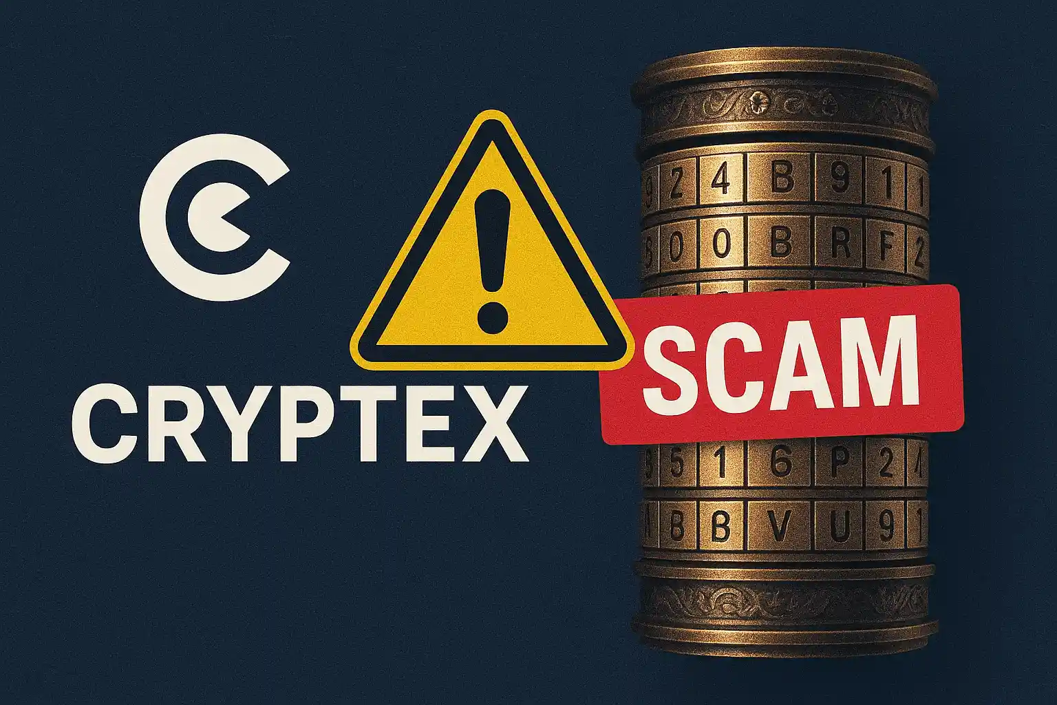 Warning graphic showing the Cryptex logo, a yellow caution sign, and a cipher device labeled “SCAM” — highlighting the fraudulent nature of the Cryptex cryptocurrency exchange.