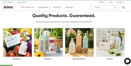 Screenshot of the official Amway website homepage showing physical product categories like nutrition, beauty, personal care, and home goods, addressing Amway pyramid scheme claims.