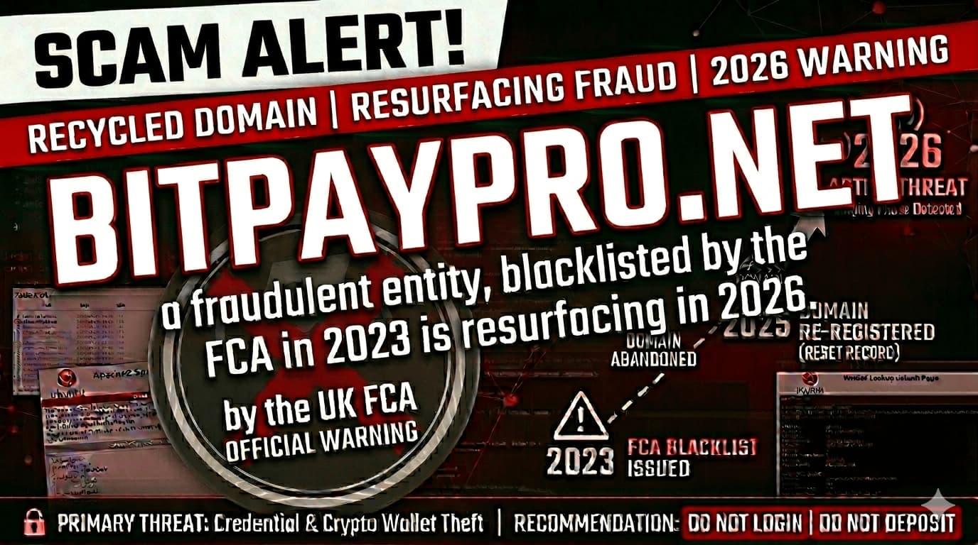 Detailed BitPayPro.net scam review graphic showing the 2023 FCA blacklist warning, the 2025 recycled domain registration, and the 2026 resurfacing fraud alert.