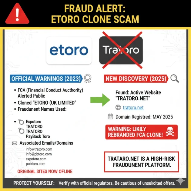A comparison graphic illustrating the differences between the official etoro.com website and fraudulent clone domains to help investors avoid an etoro scam.