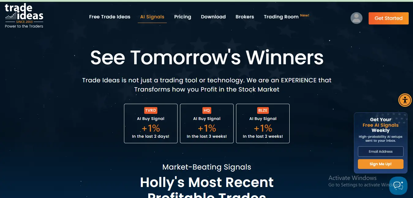 Screenshot of the Trade Ideas Holly AI landing page showing features and analytical tools for day traders