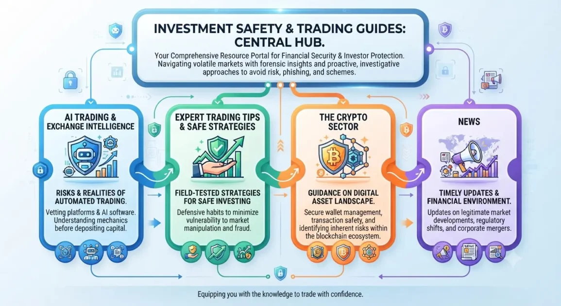 Flowchart showing the structure of our investment safety and trading guides page, highlighting the AI, trading tips, crypto, and news sub-pages.