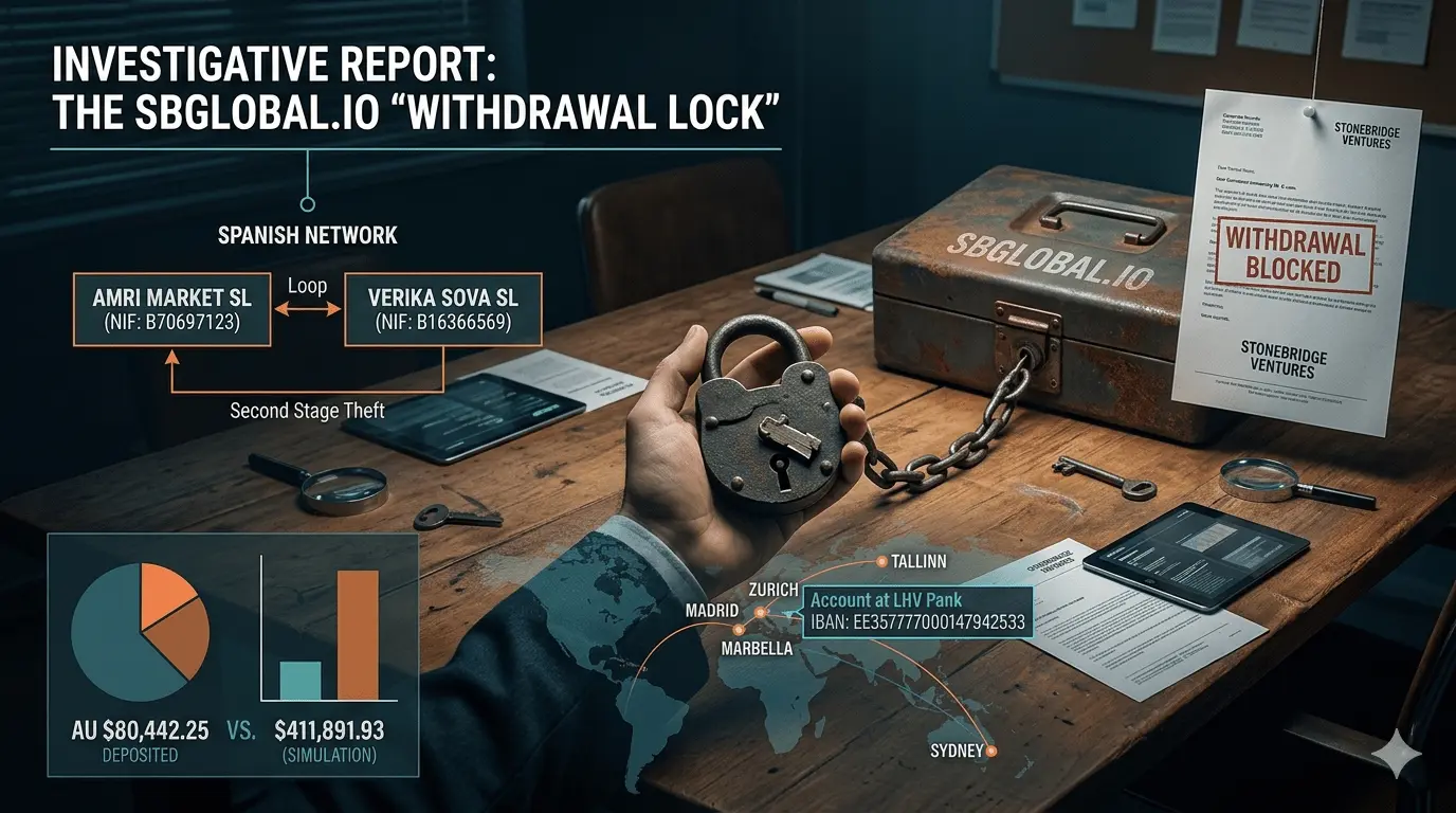Forensic infographic of sbglobal.io withdrawal lock, Spanish NIFs, and LHV Pank IBAN for Stonebridge Ventures scam report.