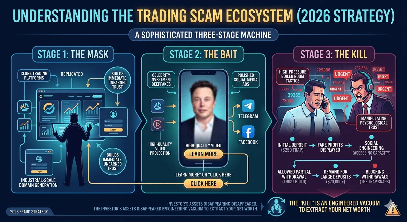Infographic of the 2026 trading scam ecosystem showing the four layers of fraud: clone platforms (The Mask), celebrity deepfakes (The Bait), boiler room tactics (The Kill), and recovery fraud (The Squeeze).