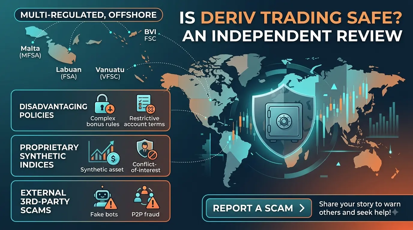 Infographic analyzing Deriv trading safety, offshore regulatory licenses, synthetic index risks, and common P2P scams.